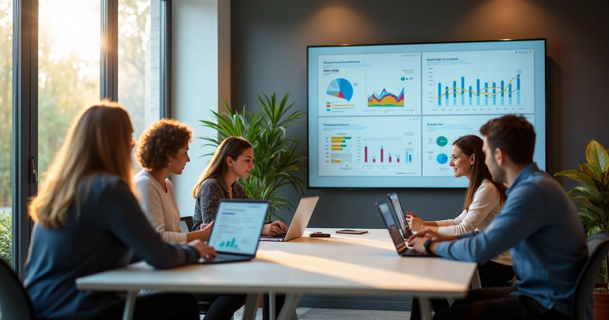 Equipe analisa gráficos em notebooks e painéis digitais 