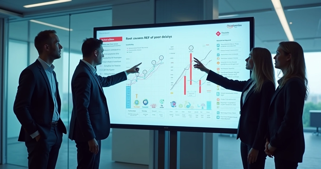 Painel digital mostrando análise de causas de atraso em projetos via IA