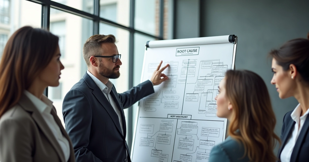 Equipe reunida em volta de quadro branco analisando causas de um problema 