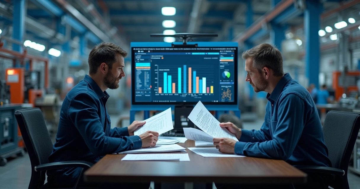 Gestores analisando relatórios de causa-raiz na fábrica 