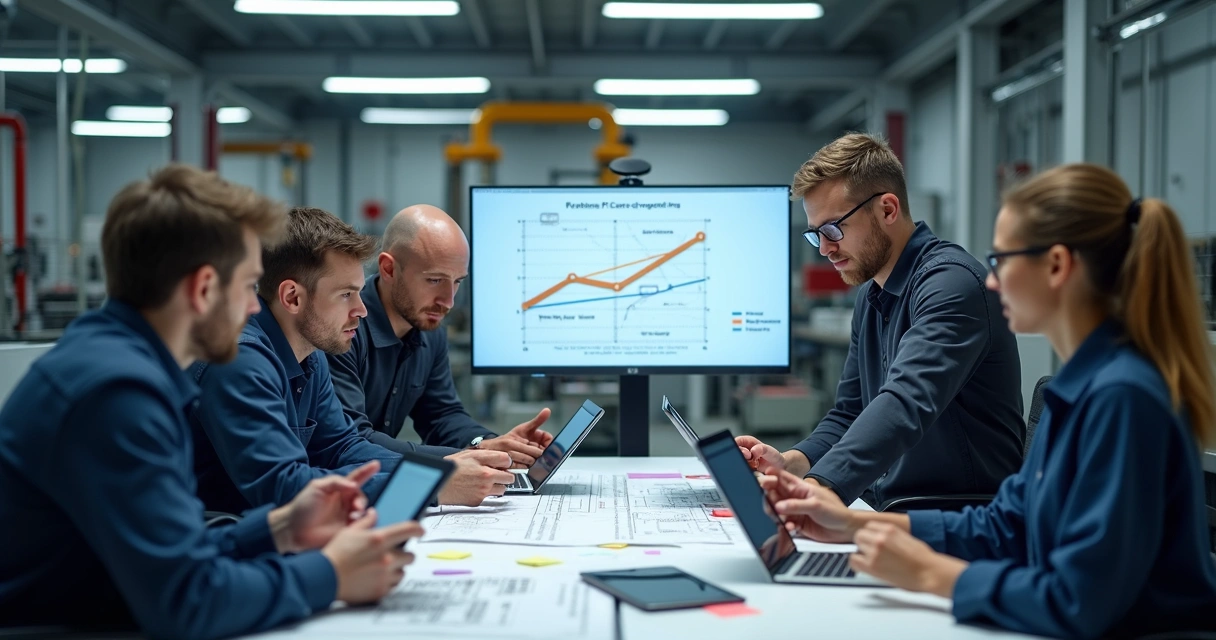 Equipe de manutenção realizando análise de causa raiz 