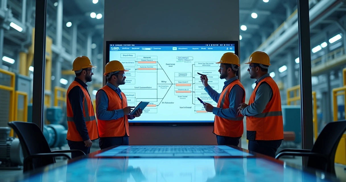 Engenheiros analisando diagrama de causa raiz em fábrica industrial 