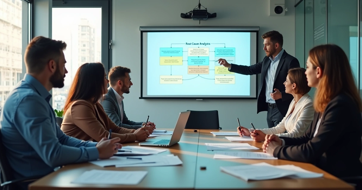 Equipe reunida em mesa revisando relatório de análise de causa raiz 
