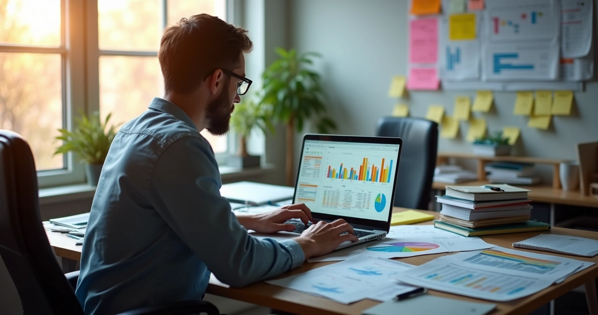 Gestor analisando planilhas e gráficos em seu notebook sobre a mesa 