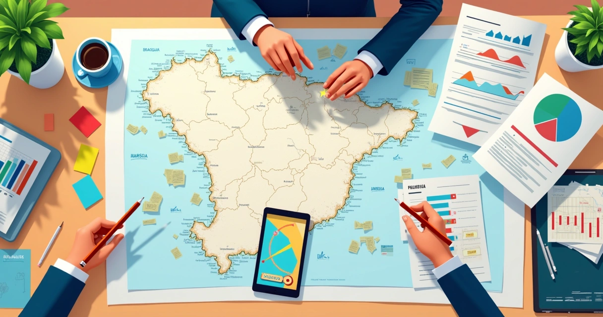 Mesa de trabalho com mapas e documentos políticos de Brasília 