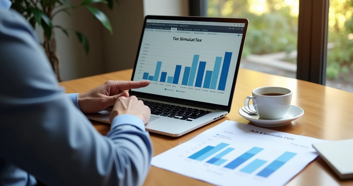 Analista usando laptop para simular tributos empresariais 