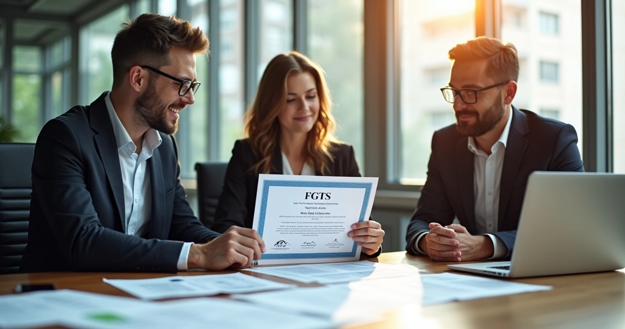 Certidão FGTS: Guia Completo para Imobiliárias e Advogados Equipe analisando certidão FGTS impressa sobre uma mesa com laptop e papéis de imóvel