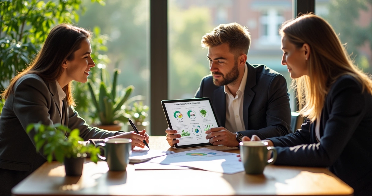 Profissionais analisando documentos de certificação ESG em uma mesa de reunião. 