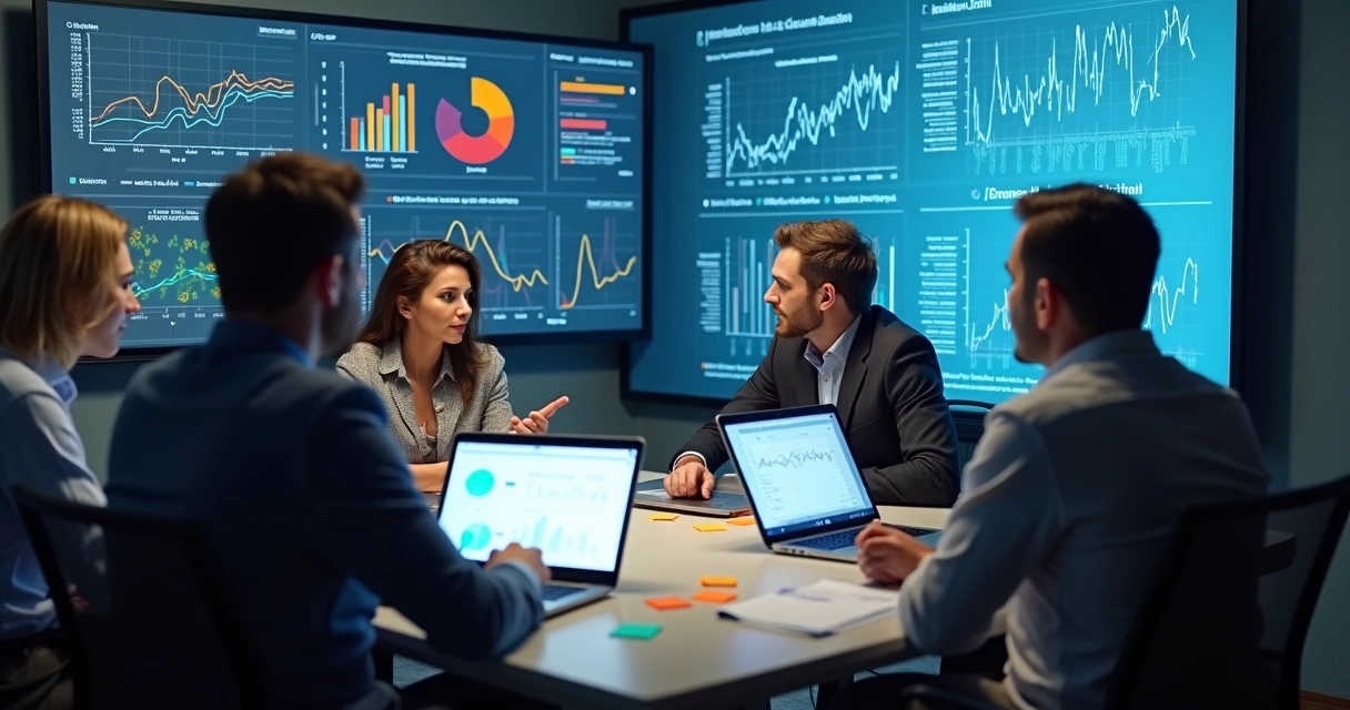 Time de vendas analisando gráficos de churn B2B em computadores