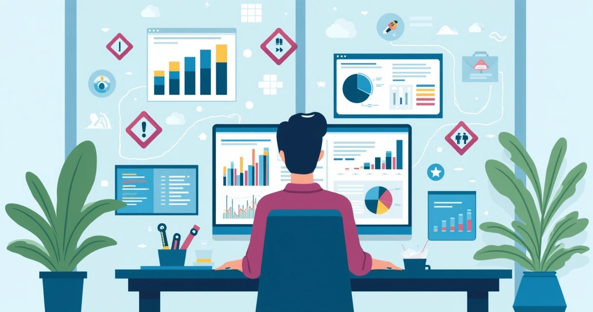 Especialista analisando relatórios de churn de influenciador em vários dispositivos, com gráficos e alertas na tela 
