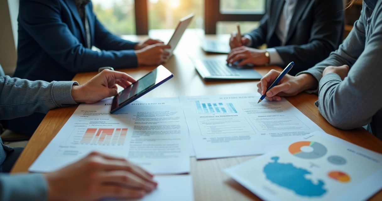 Equipe analisando cláusulas de contrato empresarial em uma mesa de reunião com tablet e laptop 