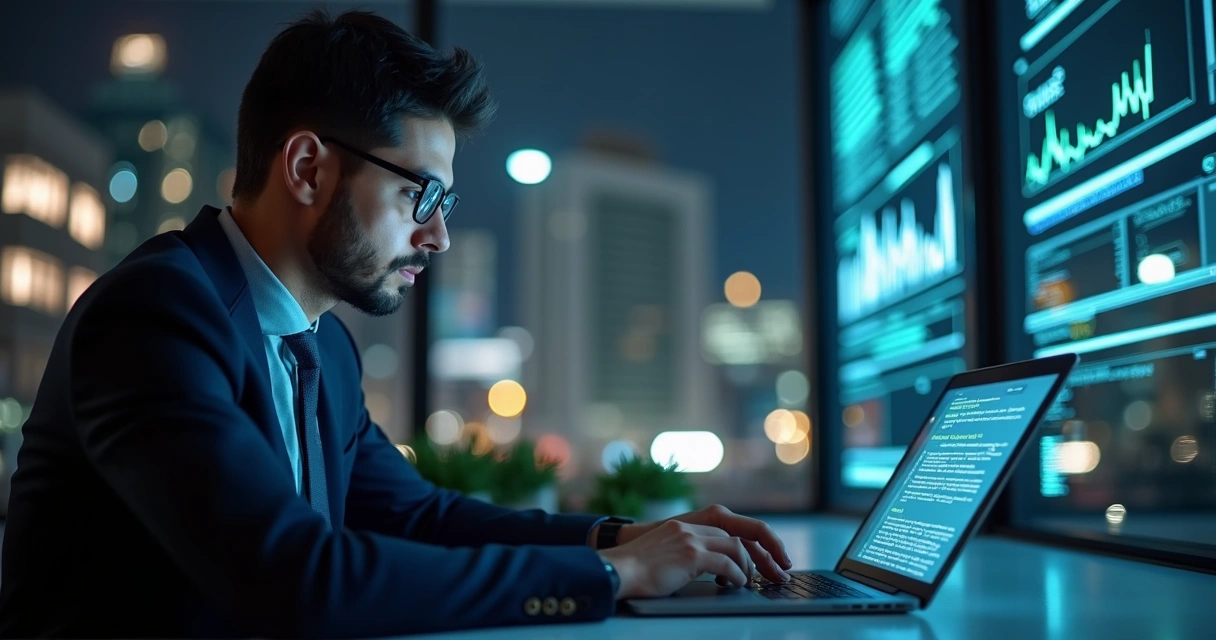 Advogado analisando cláusulas contratuais em tela de notebook com gráficos de tecnologia ao fundo.