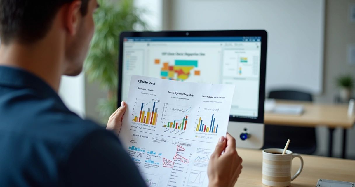 Pessoa analisando perfil de cliente ideal em mesa de trabalho