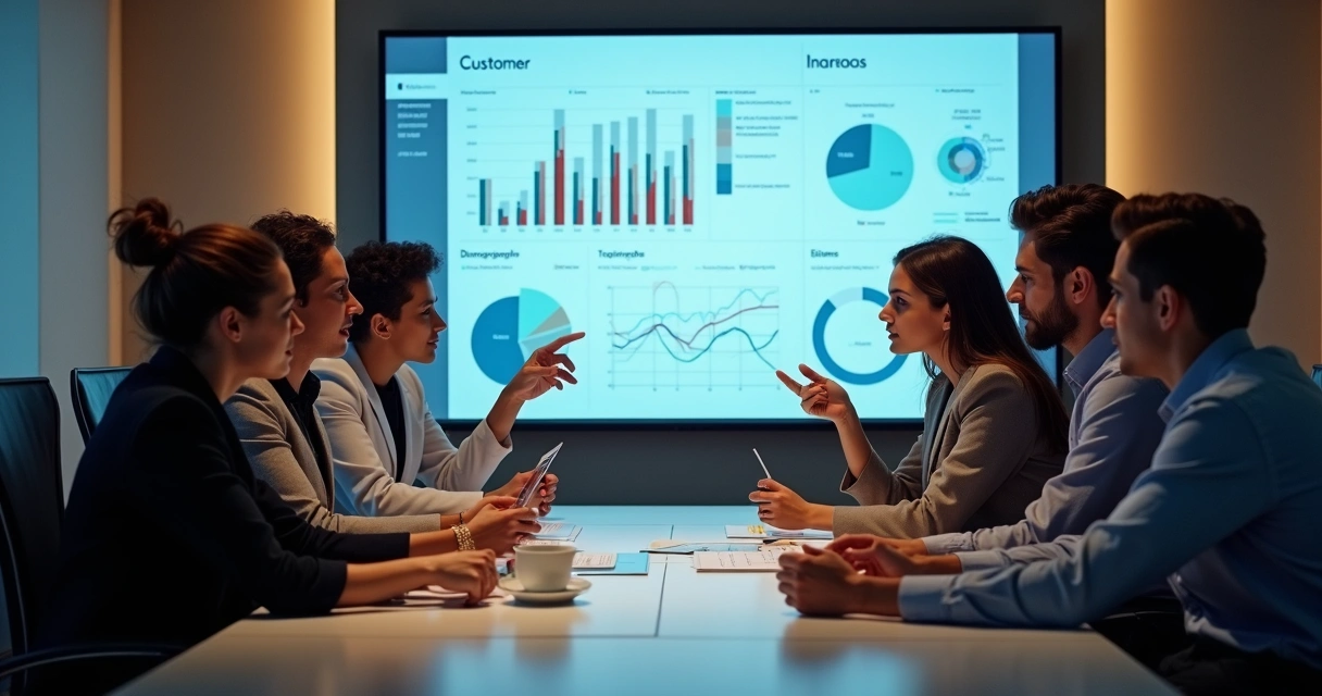 Equipe reunida analisando dados de clientes B2B em painel digital 