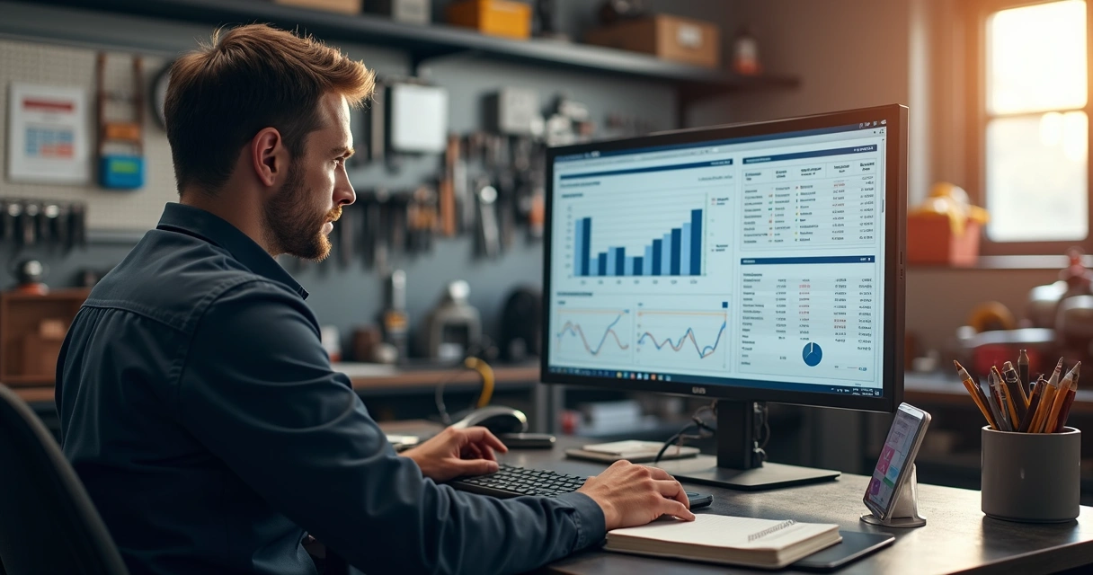 Pessoa analisando gráficos de rentabilidade em computador em ambiente de oficina mecânica 
