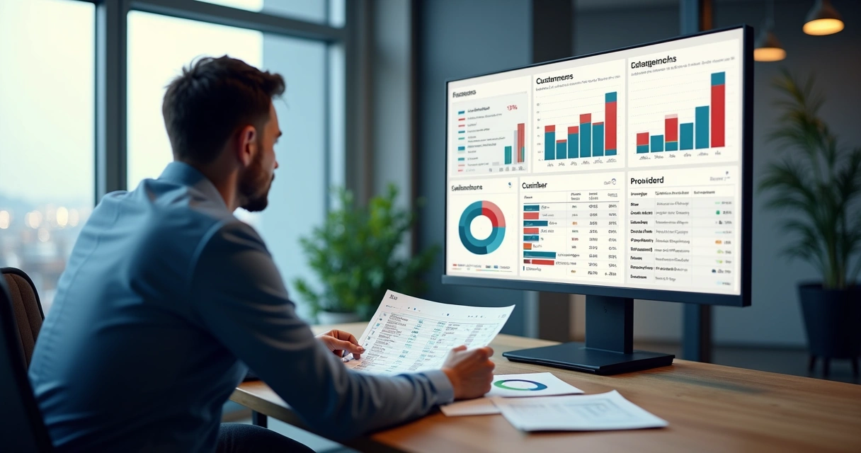 Empresário analisando painéis financeiros na mesa