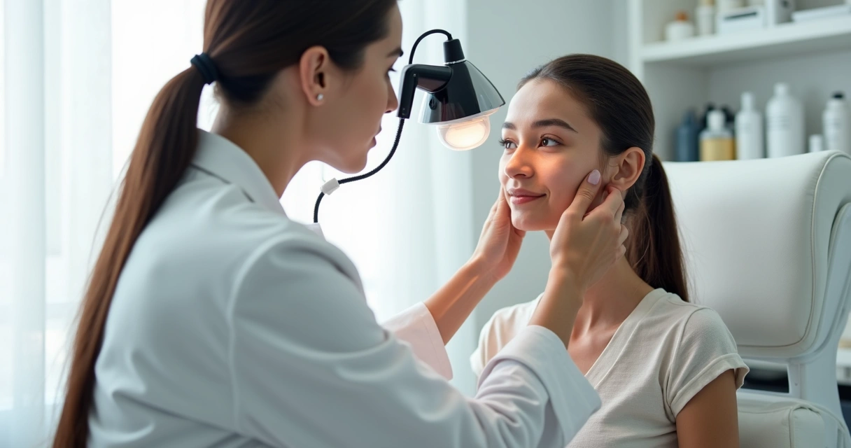 Profissional de estética avaliando a pele de paciente com instrumento de luz 