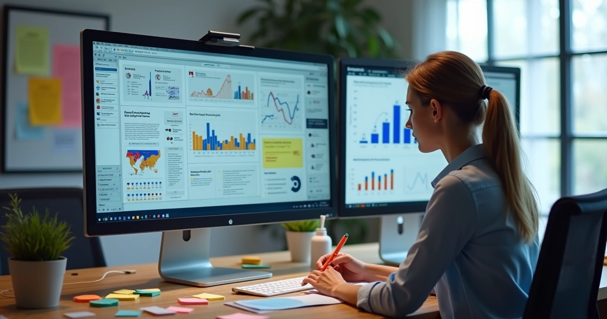 Profissional analisando matérias de imprensa no computador 