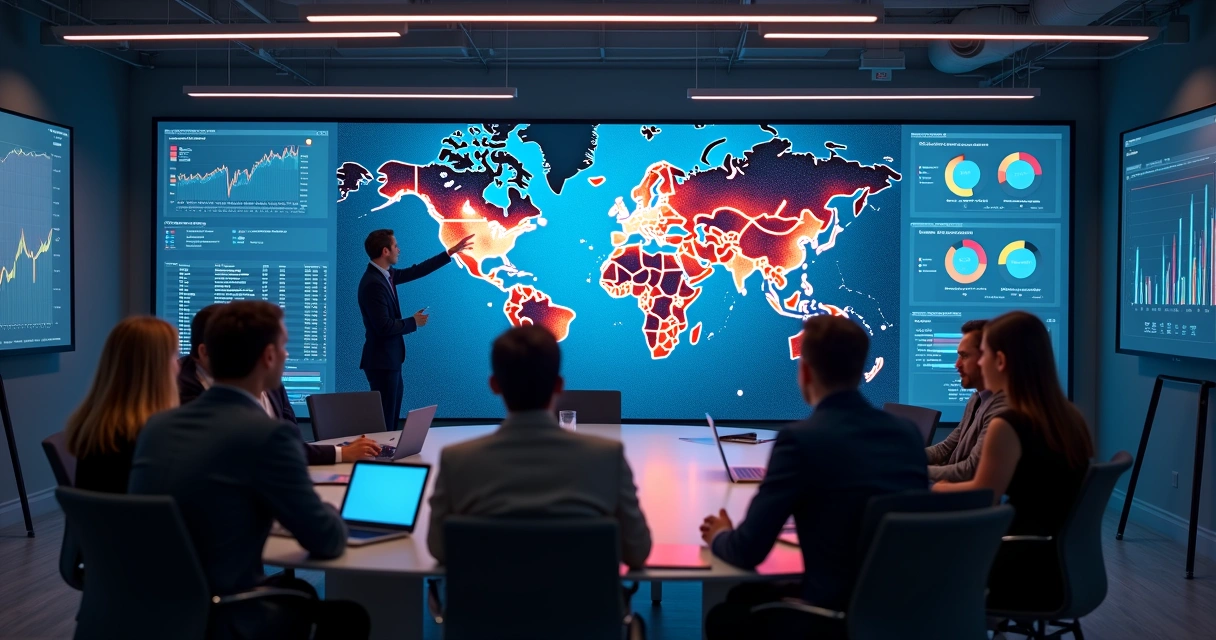Equipe analisando gráficos coloridos em grande monitor, áreas destacadas mostrando clusters de dados com potencial oculto 