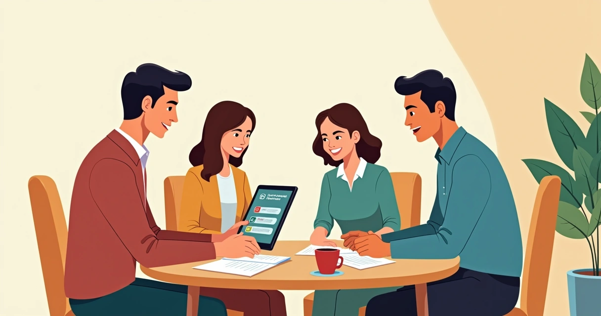 Consultor explicando diferentes tipos de seguro de vida para família sentada à mesa 