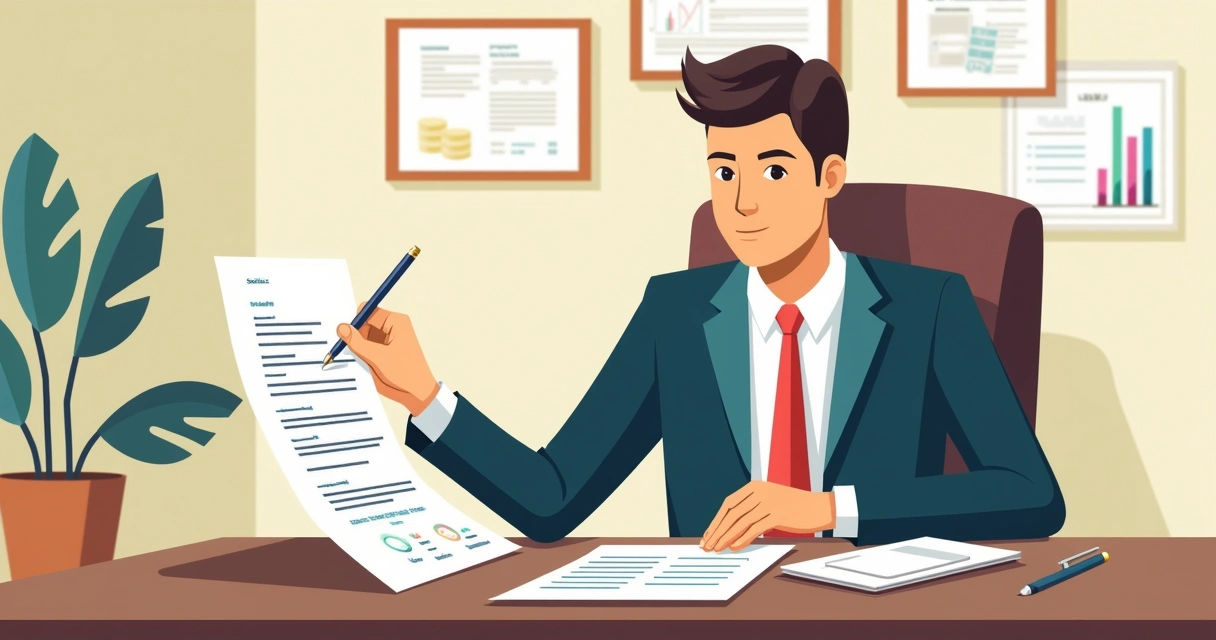 Homem de terno analisando apólices de seguro de vida sobre mesa branca com gráficos e caneta 