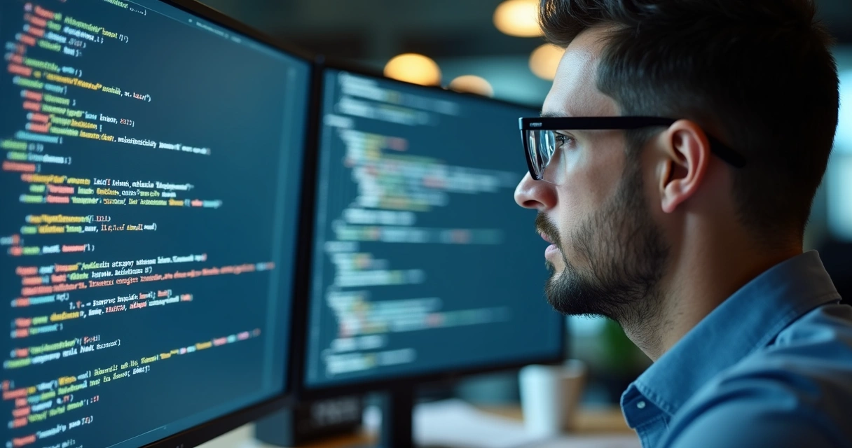 Especialista examina linhas de código na tela em escritório de perícia 