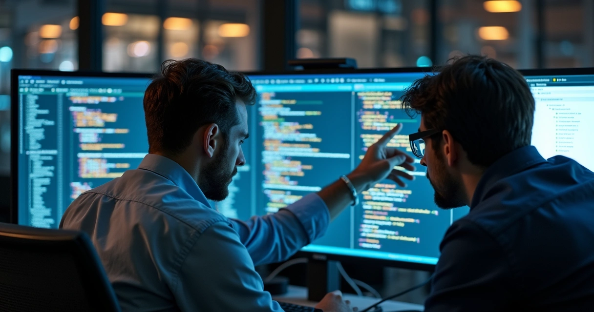 Time de desenvolvedores revisando código na tela 