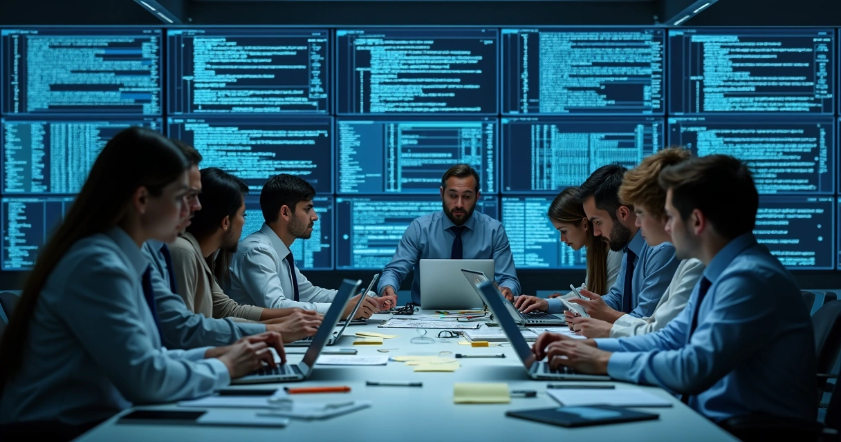 Equipe analisando códigos de algoritmos em ambiente de laboratório 