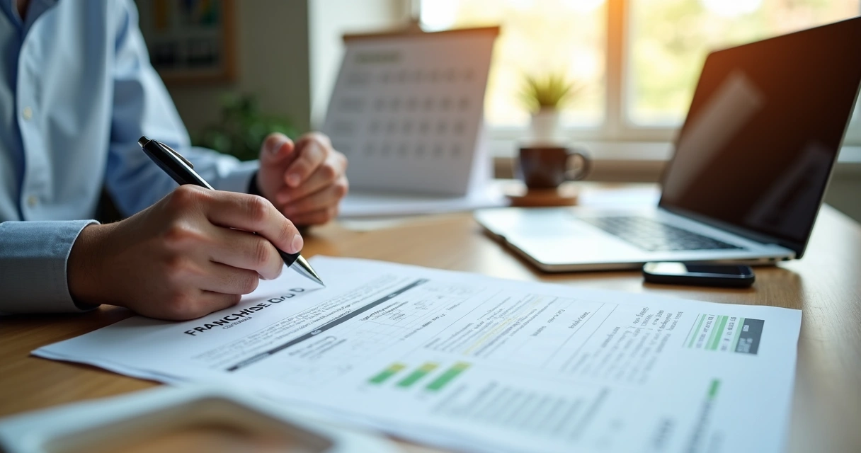 Pessoa analisando documento e planejando negócios em mesa 