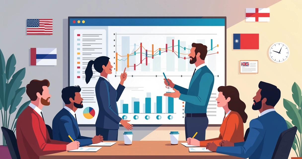 Equipe de campanha política analisando resultados em tela grande