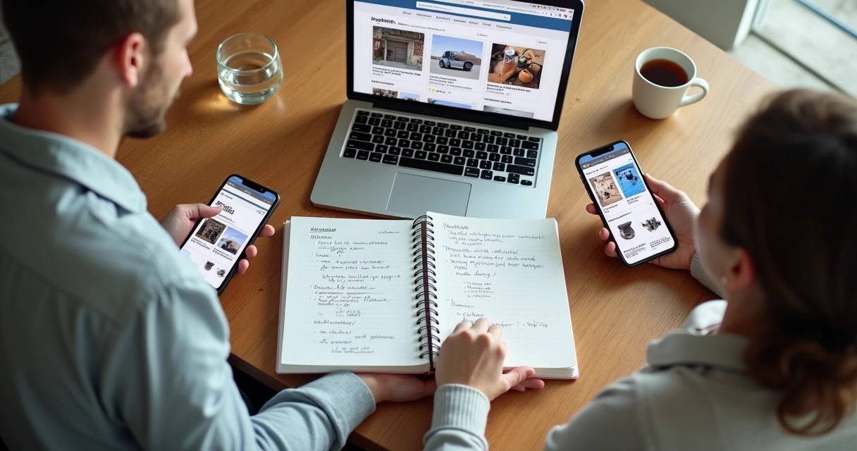 Pessoas comparando opções de compra em notebook e celular 
