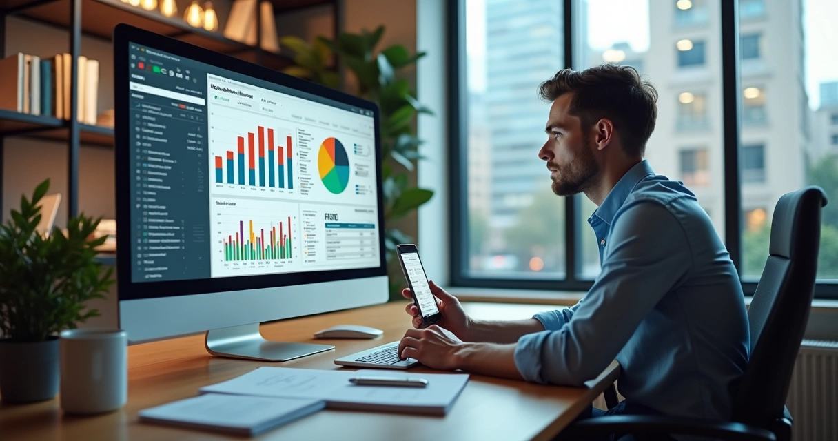 Analista comercial utilizando computador com gráficos e dados de mercado na tela, ambiente de escritório moderno e tecnológico 