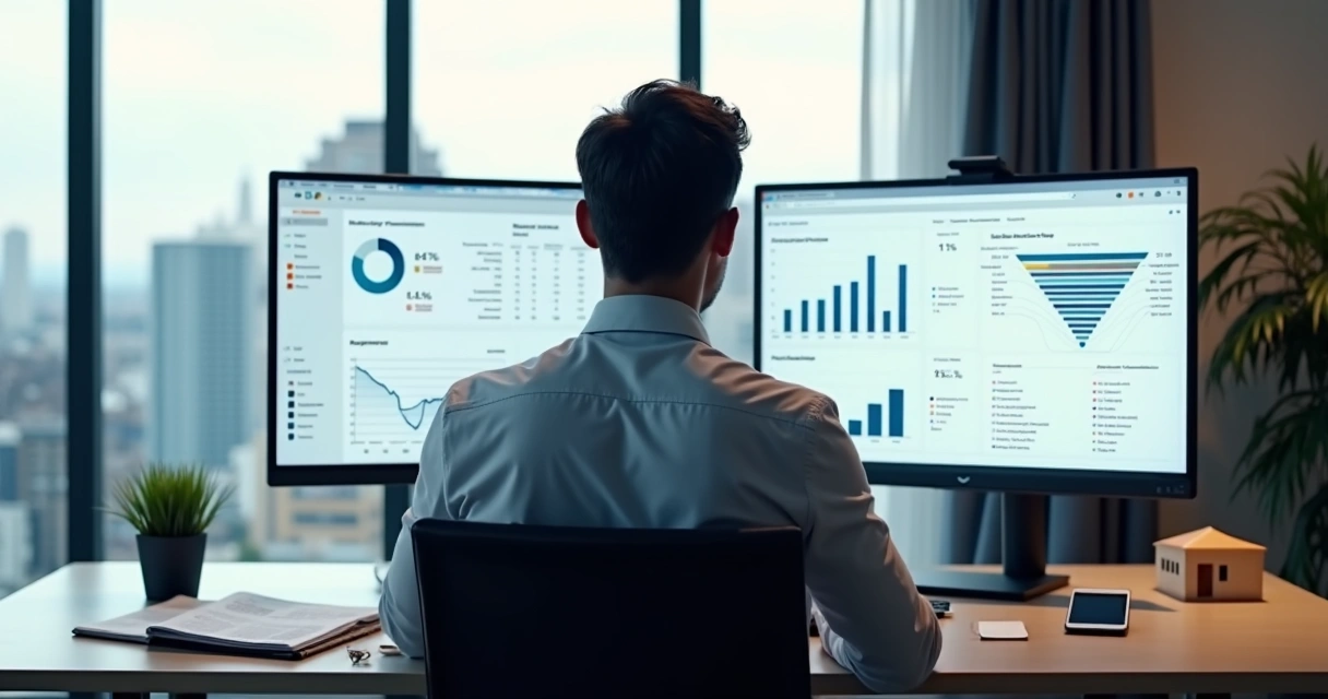 Gestor imobiliário comparando painel simples e sistema avançado de análise comercial 