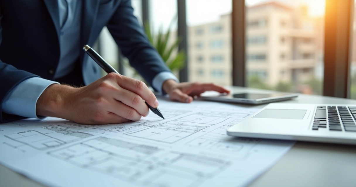 Engenheiro avaliando plantas de imóvel em escritório luminoso 
