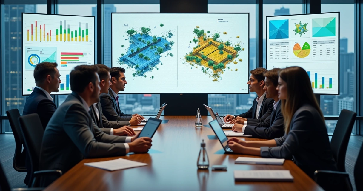 Equipe comercial analisando dados de obras e gráficos em telas grandes, equipe reunida ao redor de uma mesa 