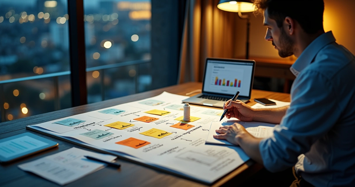 Empresário brasileiro montando mapa estratégico com logos de concorrentes sobre tabuleiro de jogo de negócios 
