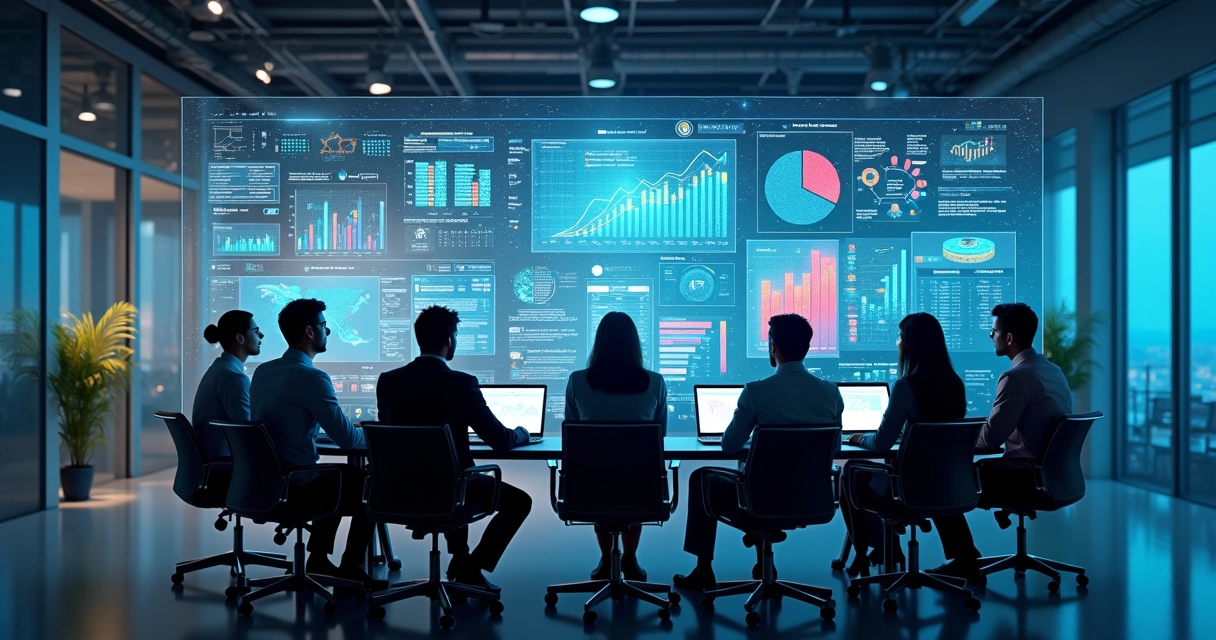 Equipe analisando dados em telas digitais com gráficos e CRM integrado em ambiente corporativo moderno 
