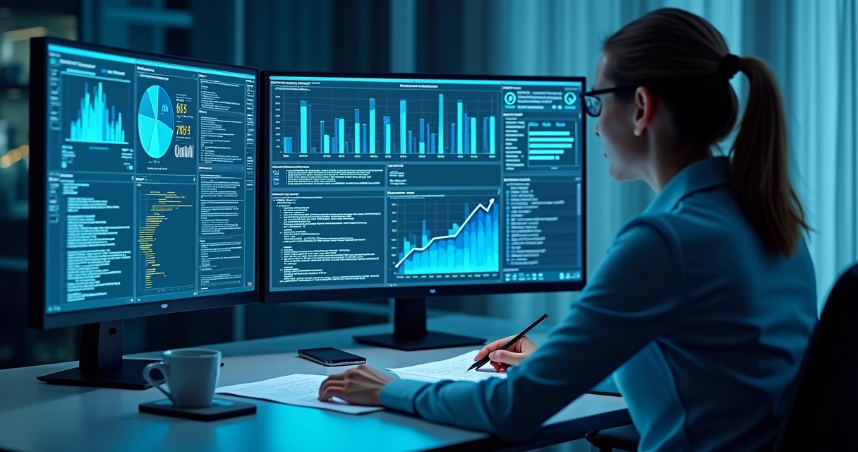 Mesa de trabalho com telas mostrando análise de dados de compliance e detecção de fraudes por API, com elementos tecnológicos e gráficos digitais detalhados 