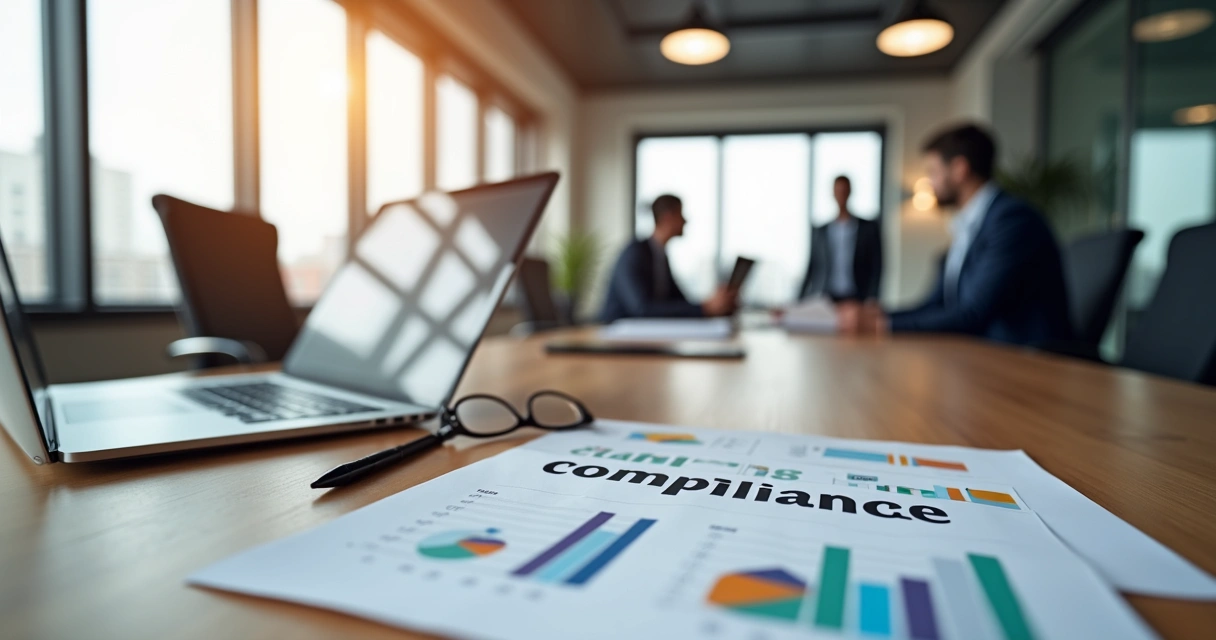 Mesa de reunião corporativa com documentos de compliance e laptop aberto mostrando gráficos 