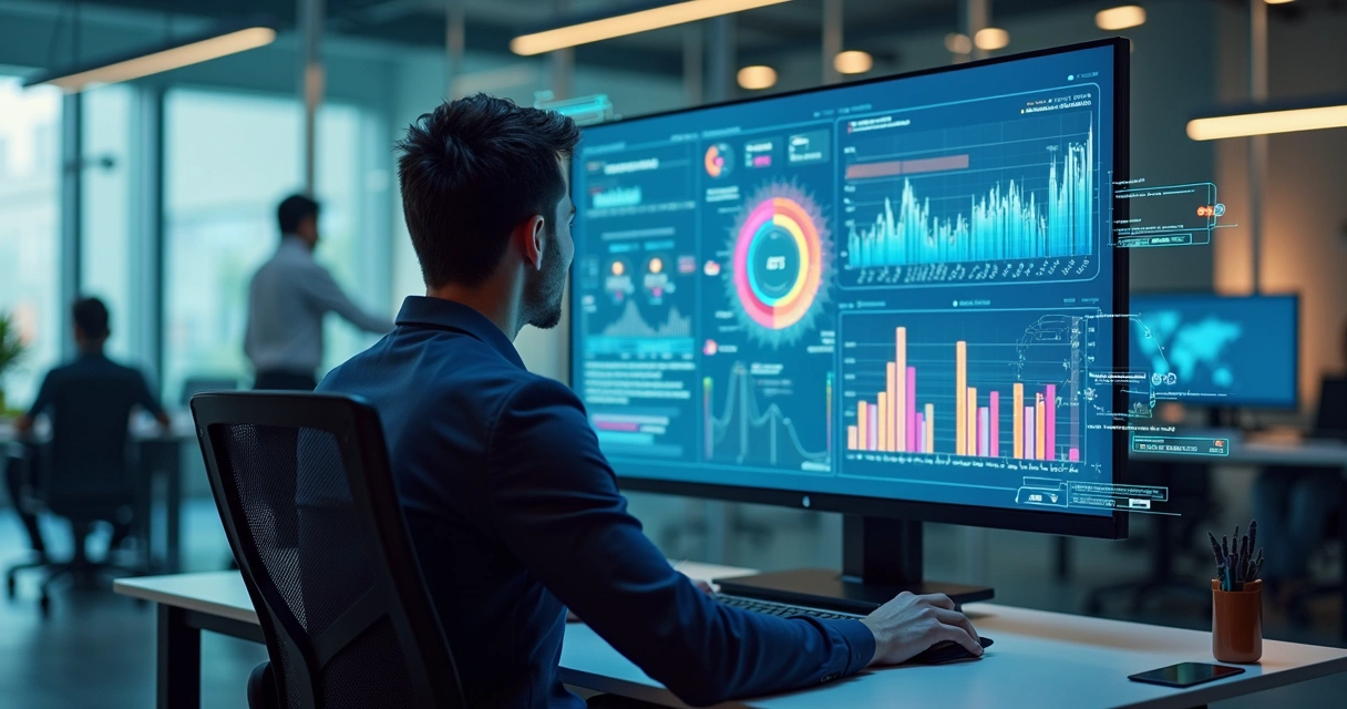 Profissional de RH analisando dados comportamentais em tela grande em ambiente corporativo