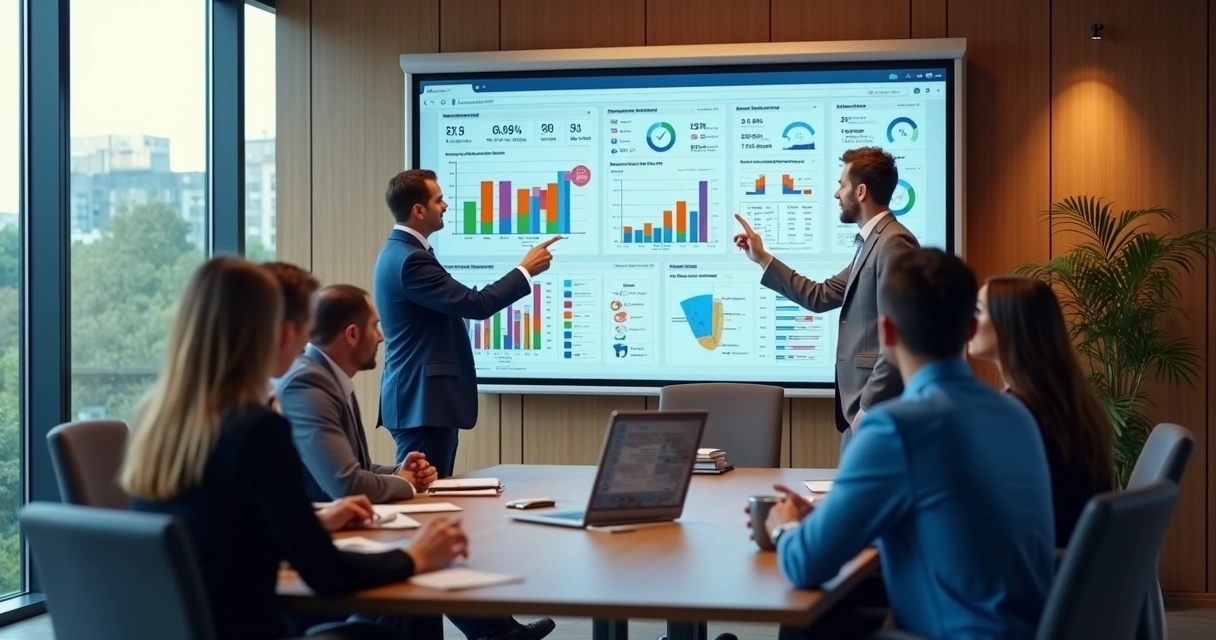 Equipe de RH analisando perfis em uma plataforma digital com gráficos coloridos de desempenho e comportamento 