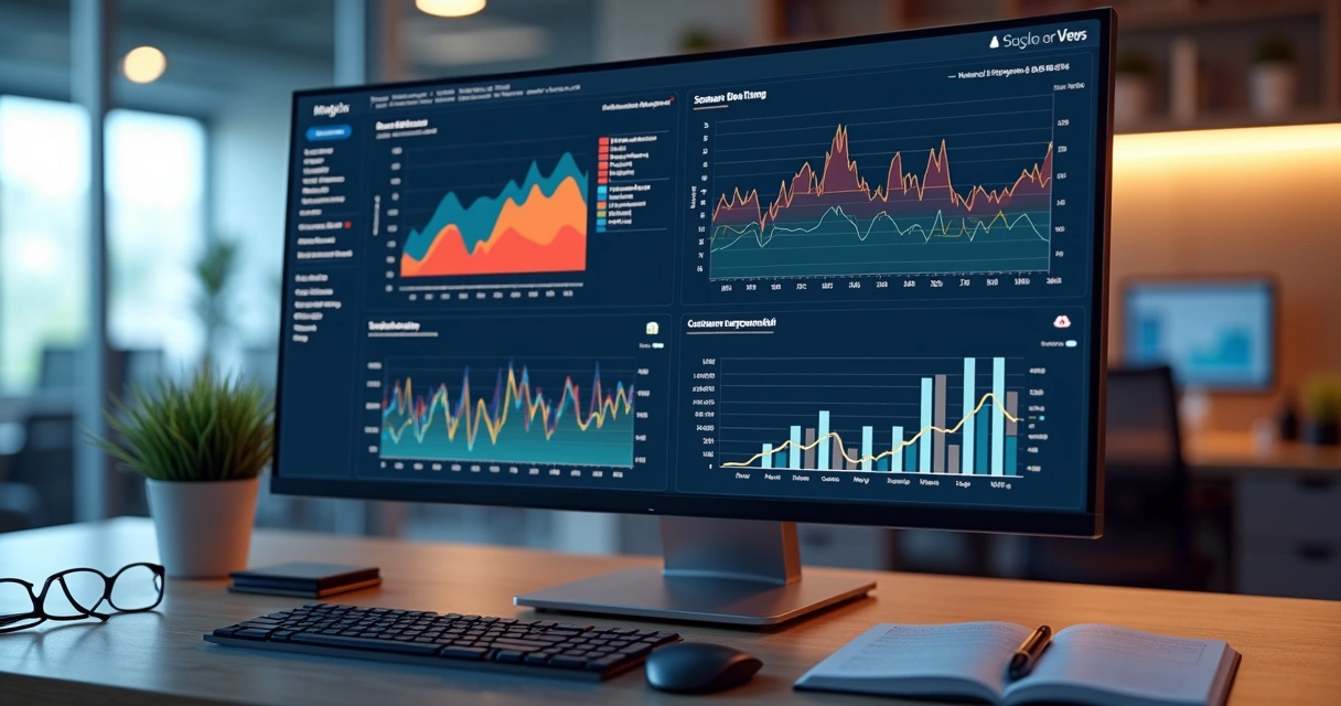 Tela de computador exibindo gráficos de engajamento e indicadores de urgência em vendas 
