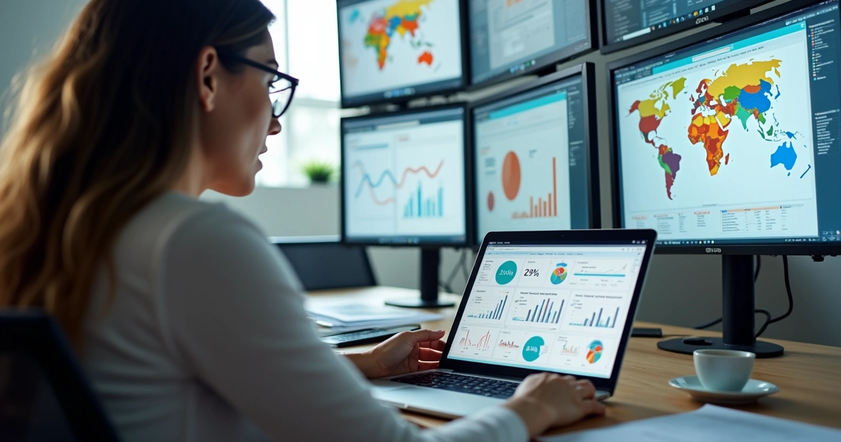 Empresária analisa gráficos comportamentais em notebook