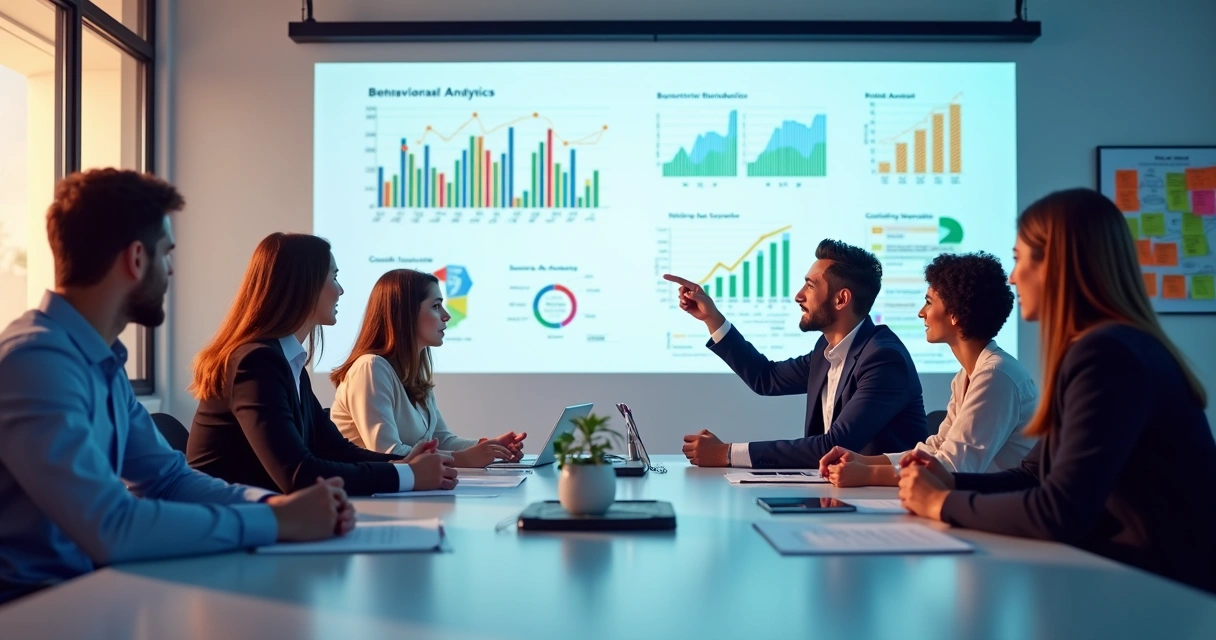 Equipe de vendas reunida em sala moderna debatendo painéis de análise de comportamento 