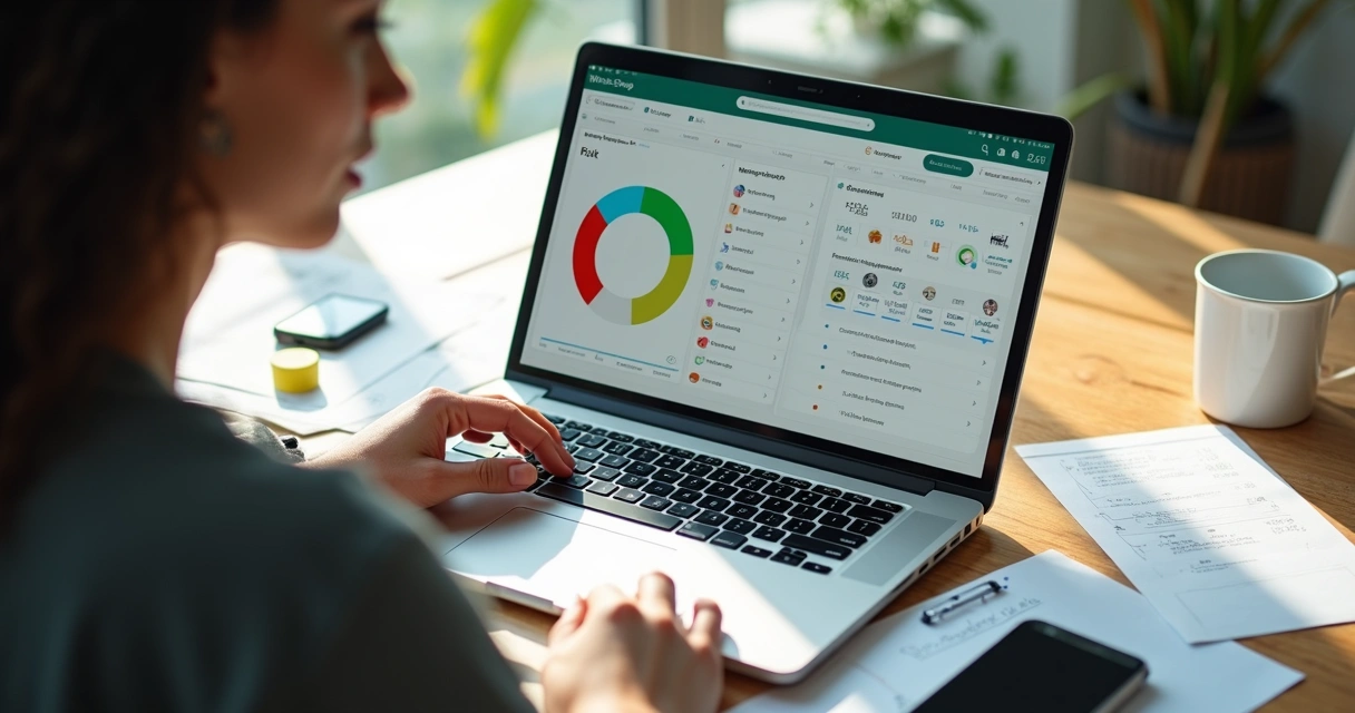 Pessoa analisando relatórios de participação em grupos WhatsApp na tela de um notebook
