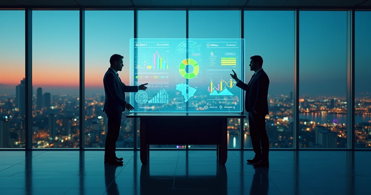 Painel digital com indicadores financeiros e rede de conexão representando avaliação de compra de provedor de internet 