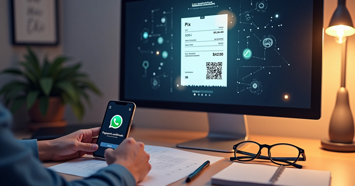 Computador analisando comprovante de Pix para baixa automática