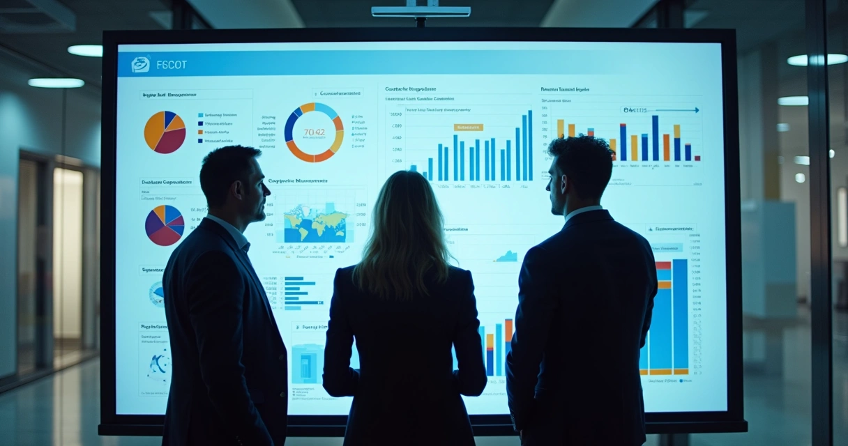 Três gestores analisando painel digital de concorrentes no setor.