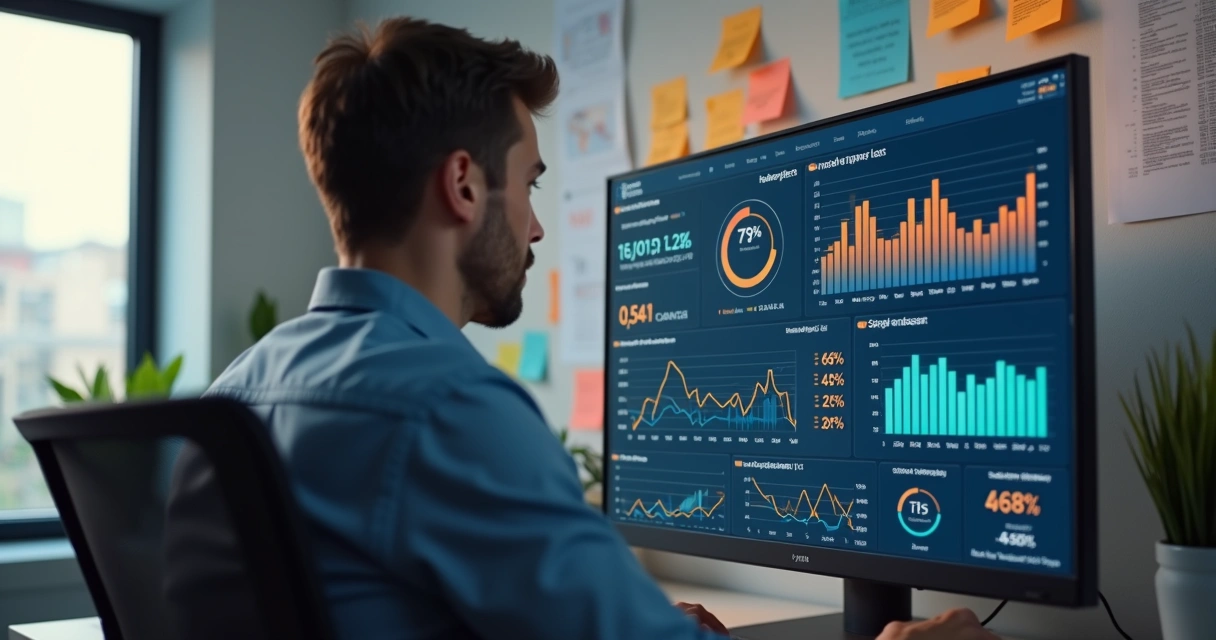 Pessoa analisando dashboard com gráficos em computador 