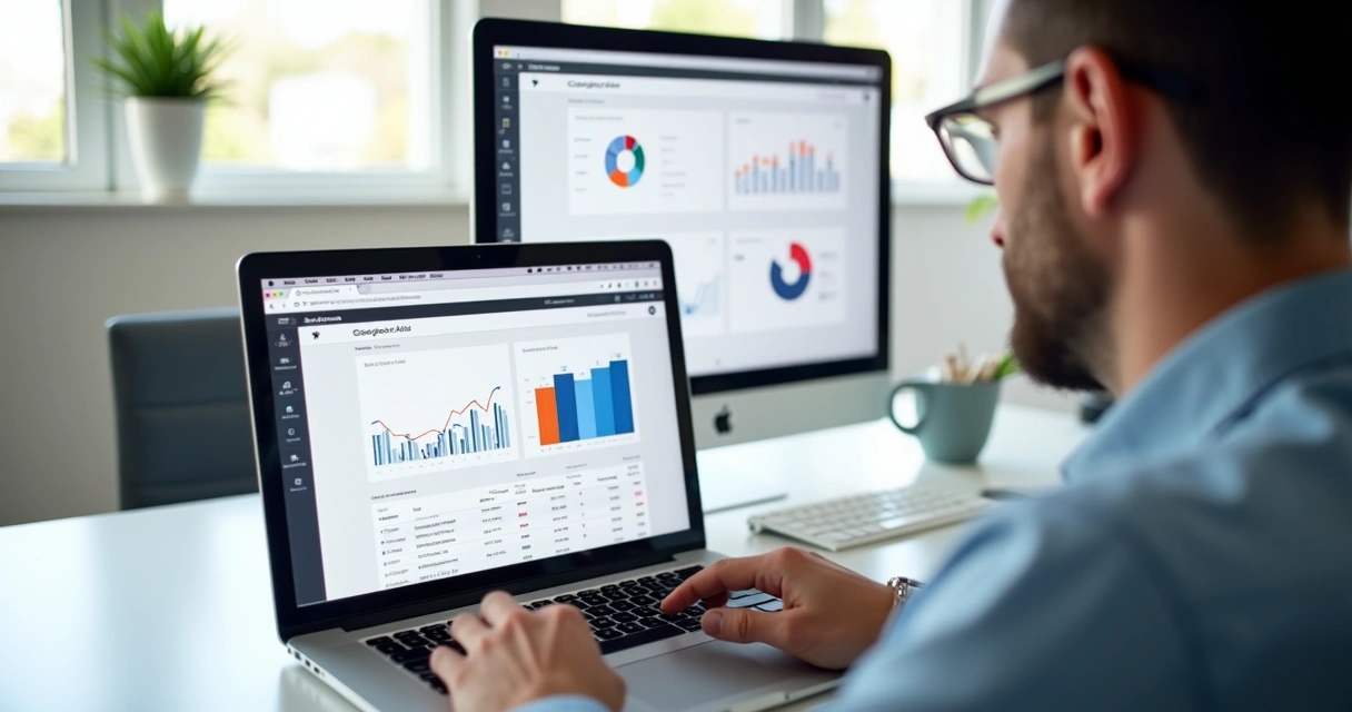 Google Ads: 4 Motivos para Queda de Cliques e Como Corrigir 2 Profissional analisando concorrentes em Google Ads na tela do notebook.